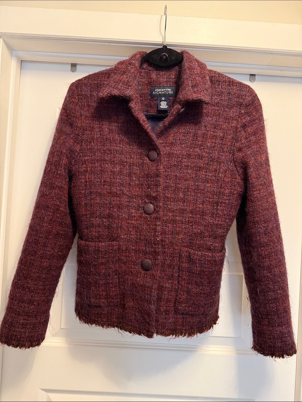 Jones New York Signature Maroon Tweed Button-Front Jacket